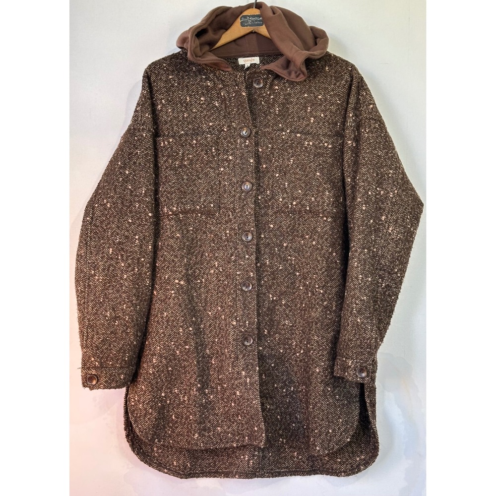 A.peach Herringbone Hooded Jacket Cozy Classy Wool Blend Womens L Brown